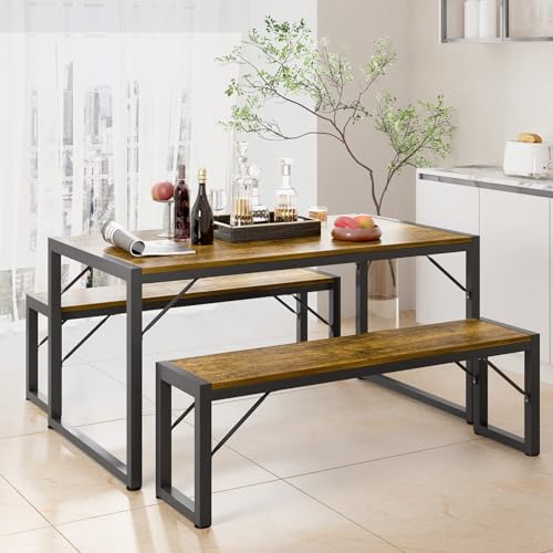 Gizoon Retro 45.5 Dining Table Set for 4 with 2 Benches – Space-Saving Metal and MDF Kitchen Furniture